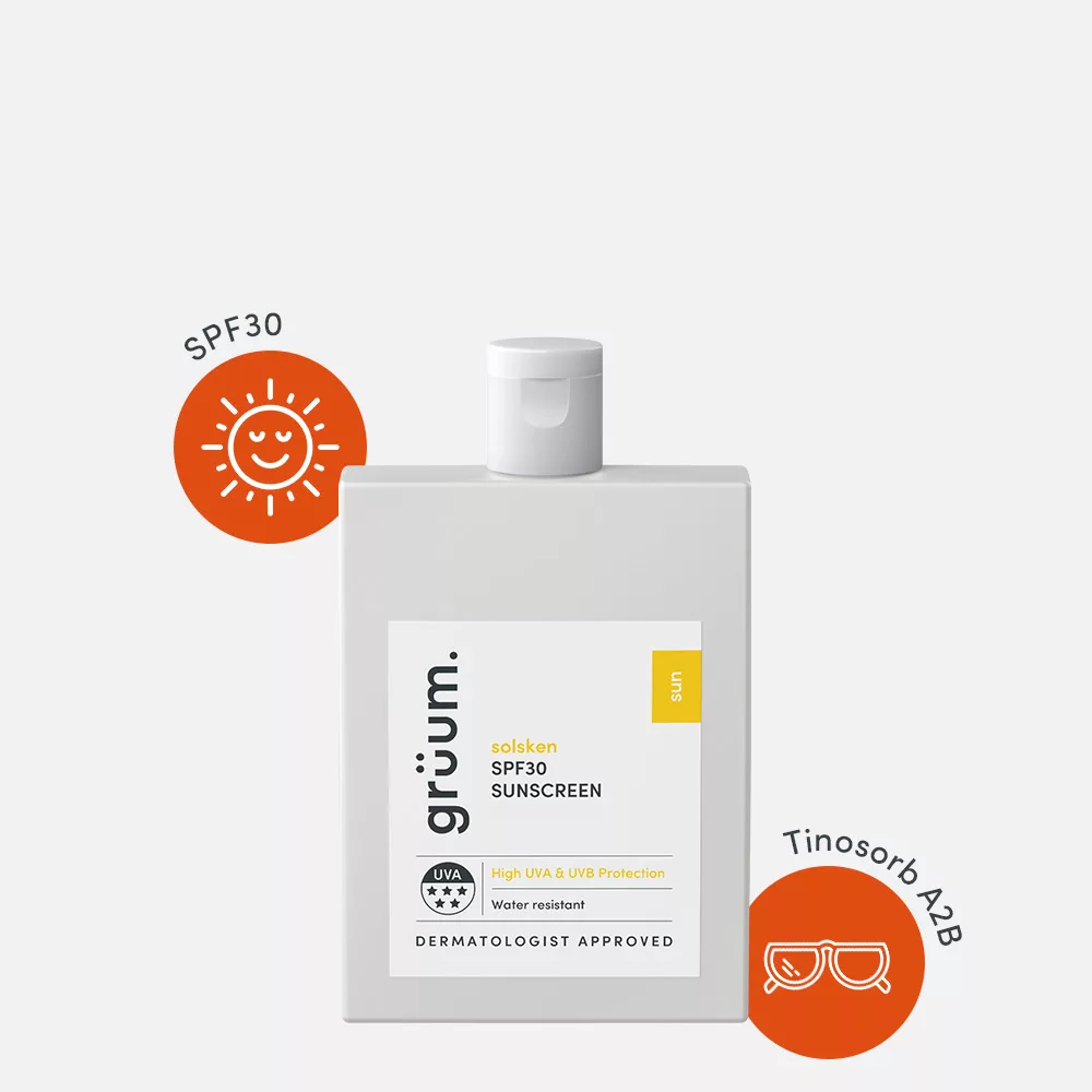 SPF30 sunscreen bottle with orange icons.