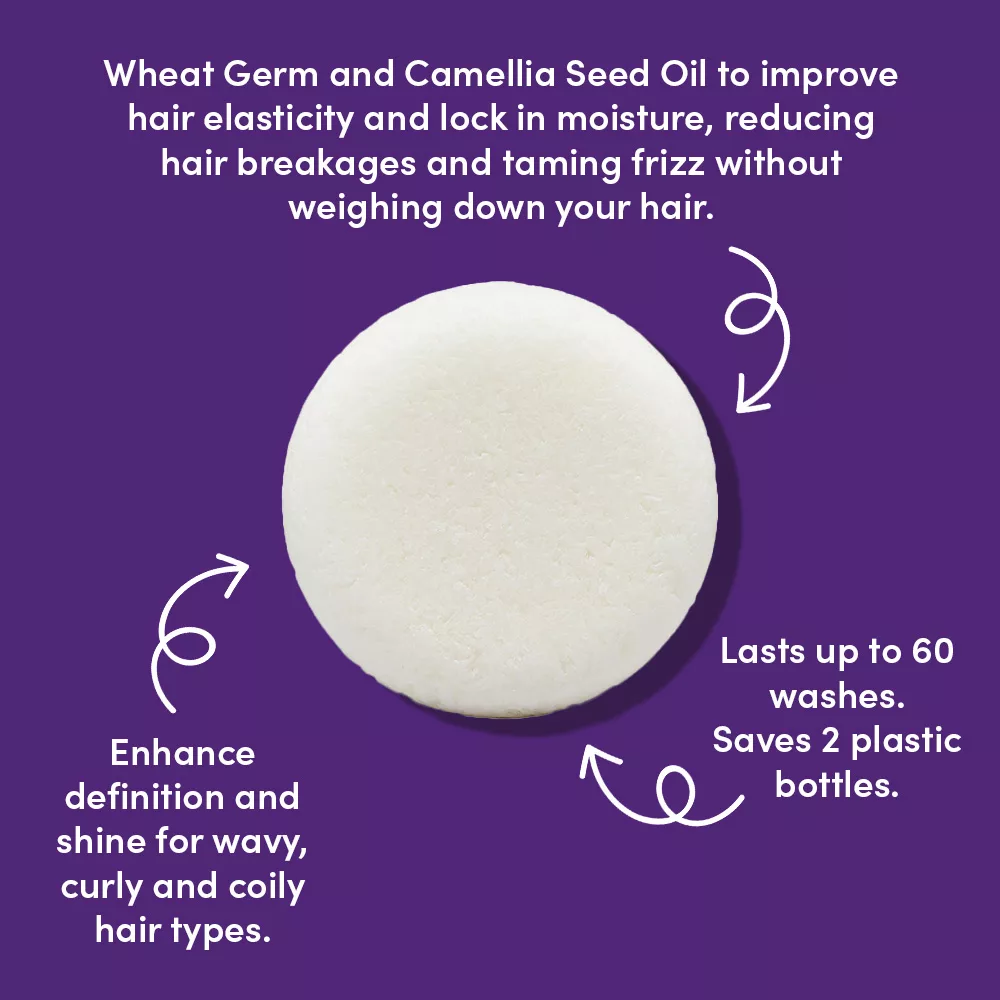 White round shampoo bar with text descriptions.