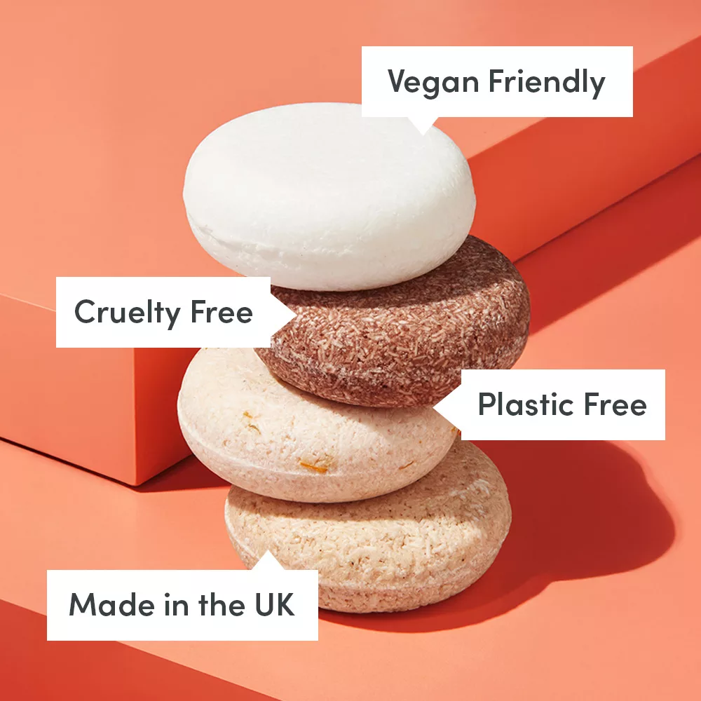Icons representing vegan, plastic-free, and cruelty-free certifications
