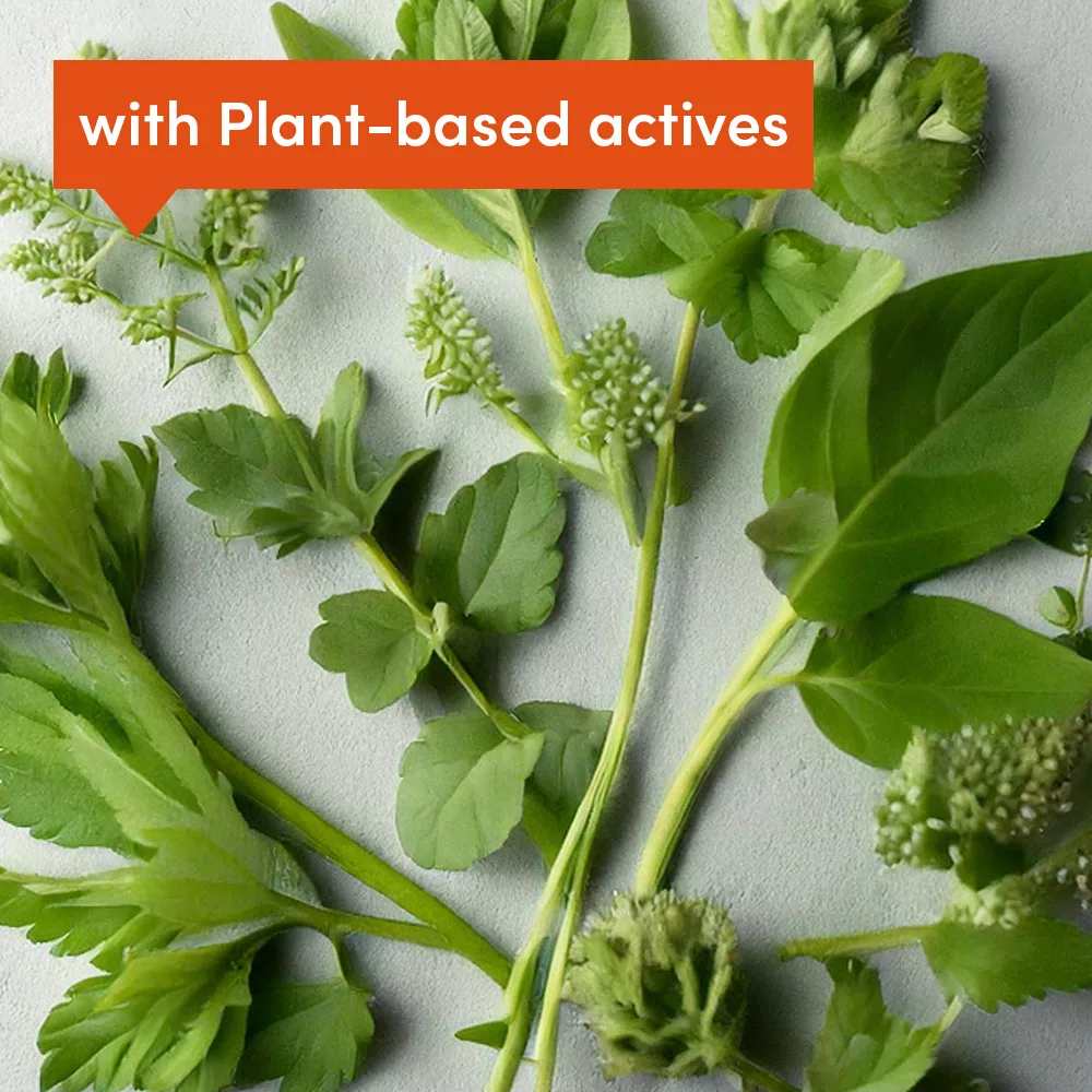 Green herbs with label 'Plant-based actives'