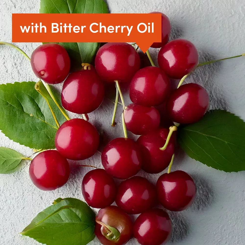 Cherries with leaves and text