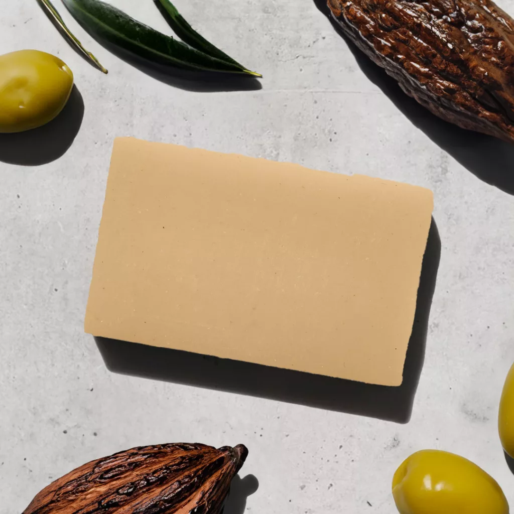 Bar of soap with olives and seeds.