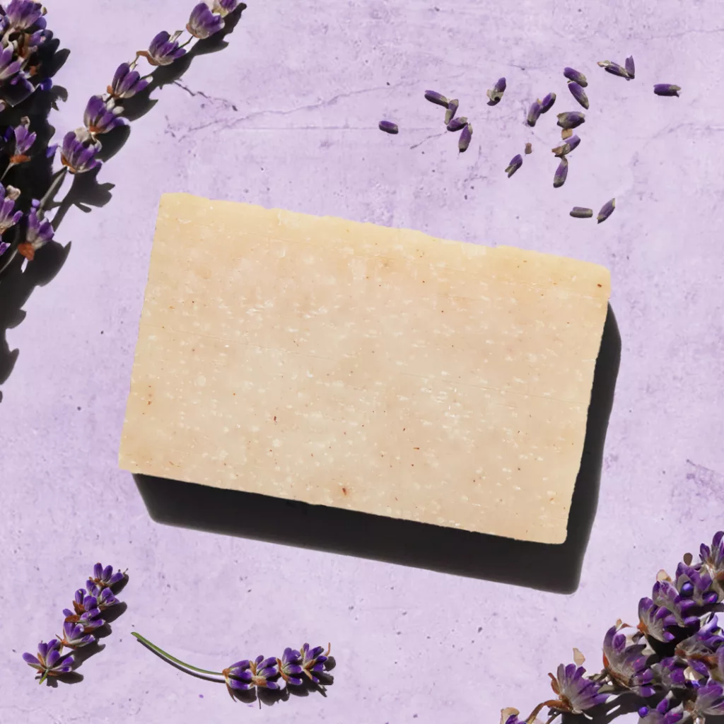 Soap bar on lavender background
