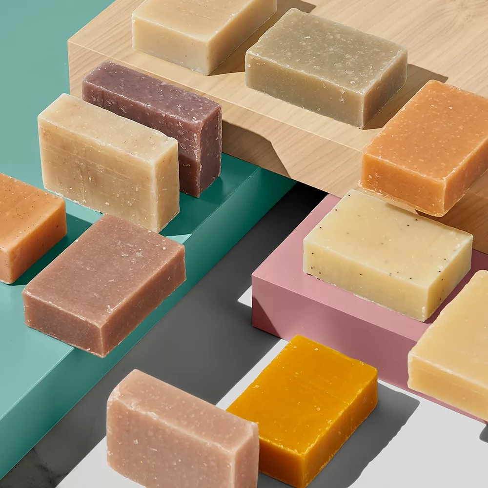 Colorful bars of soap on platforms.