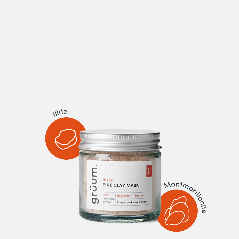 Pink clay mask jar with ingredients