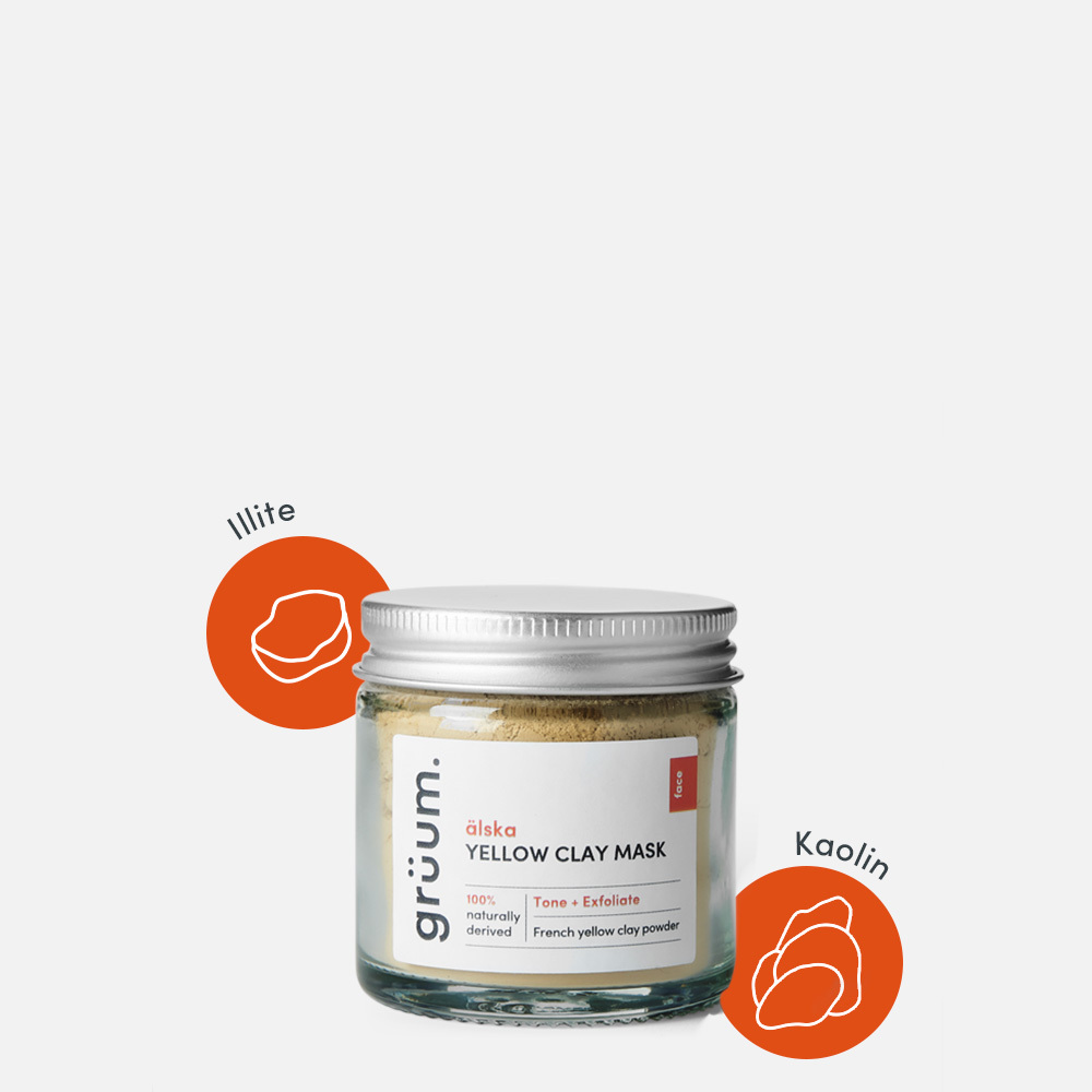 Yellow clay mask jar with ingredients