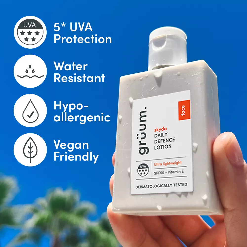 Person holding sunscreen with product features displayed.