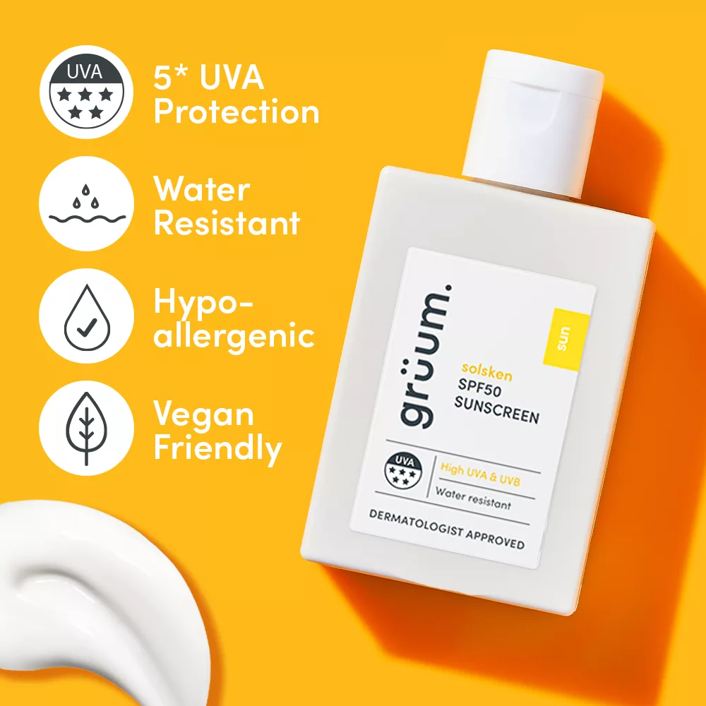 Sunscreen bottle with product features listed.
