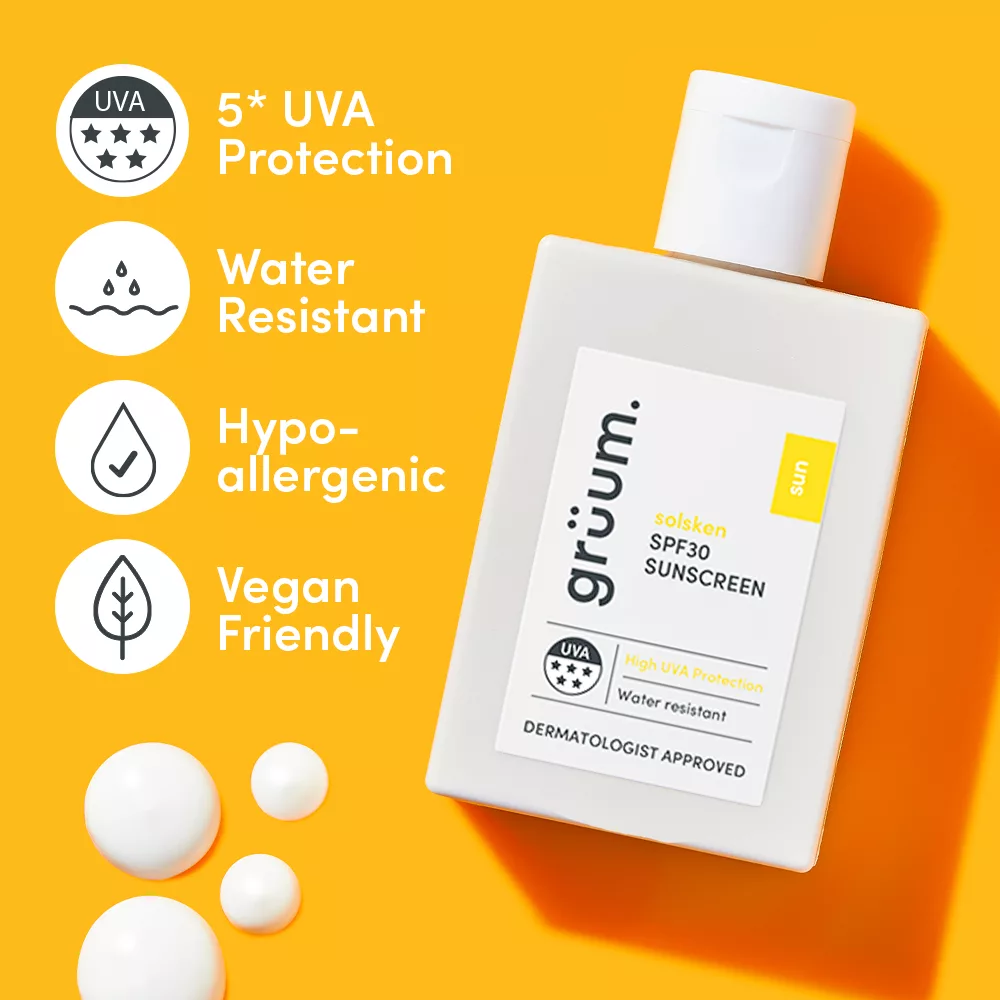 Sunscreen bottle on orange background.