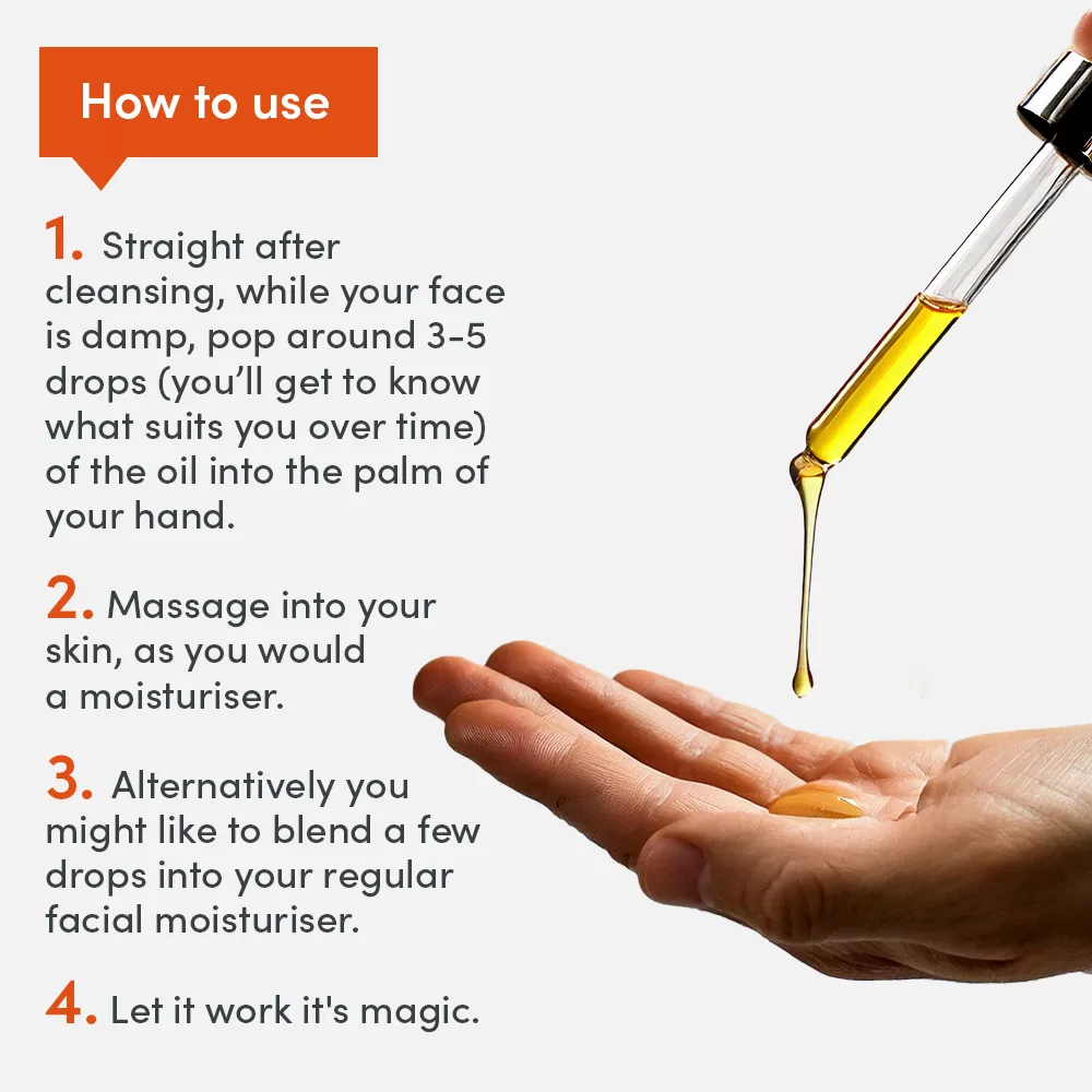 Instructions for using facial oil.