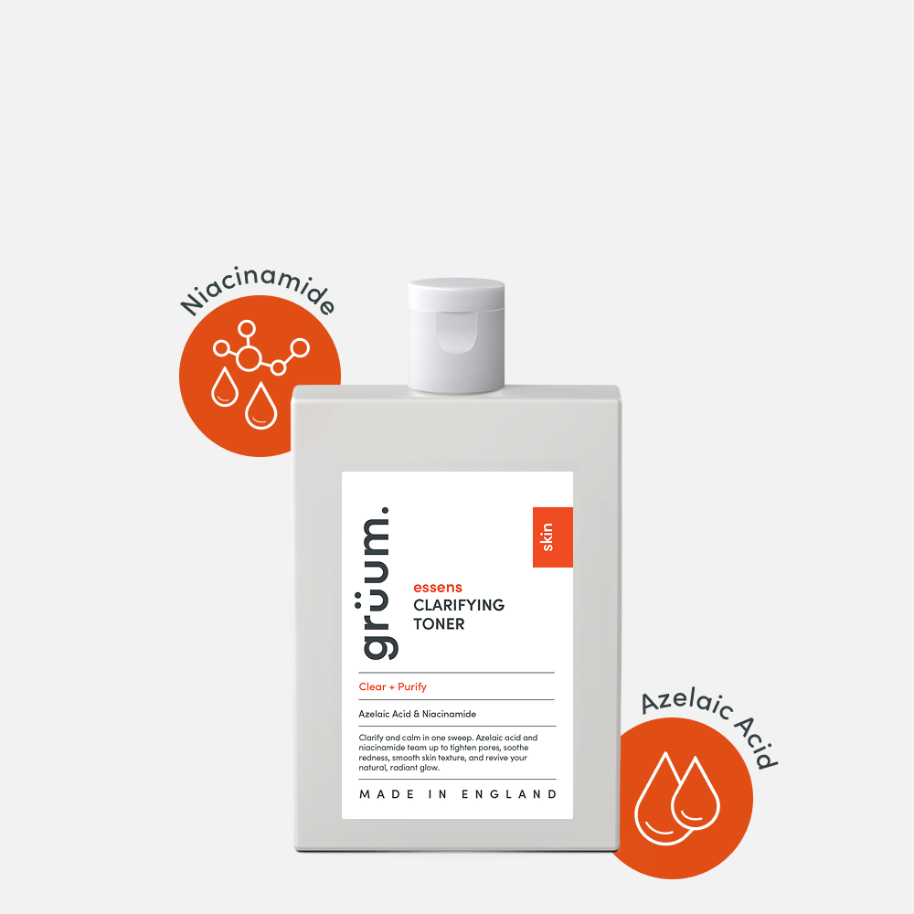 Gruum clarifying toner with ingredients highlighted.
