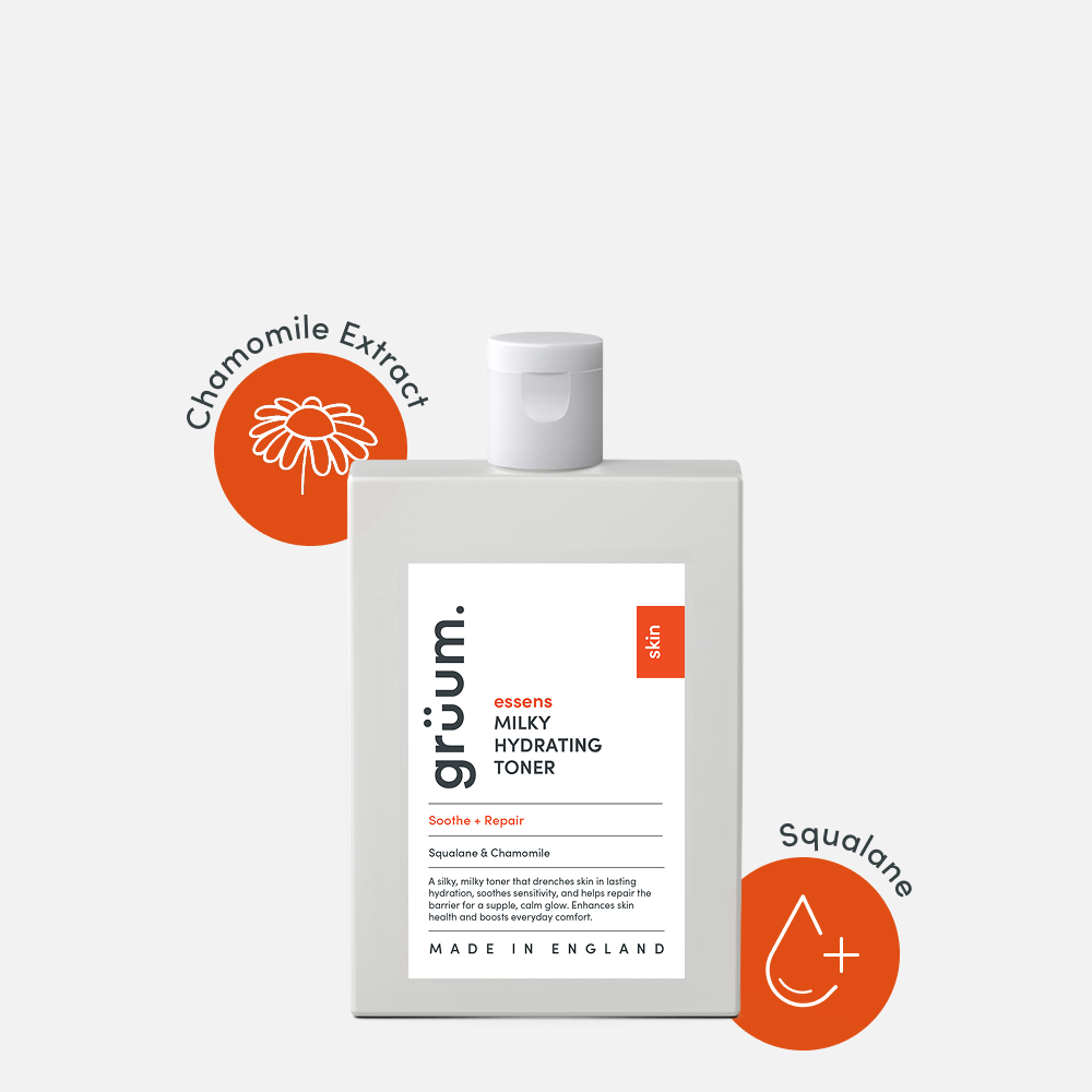 Milky hydrating toner bottle with chamomile and squalane.
