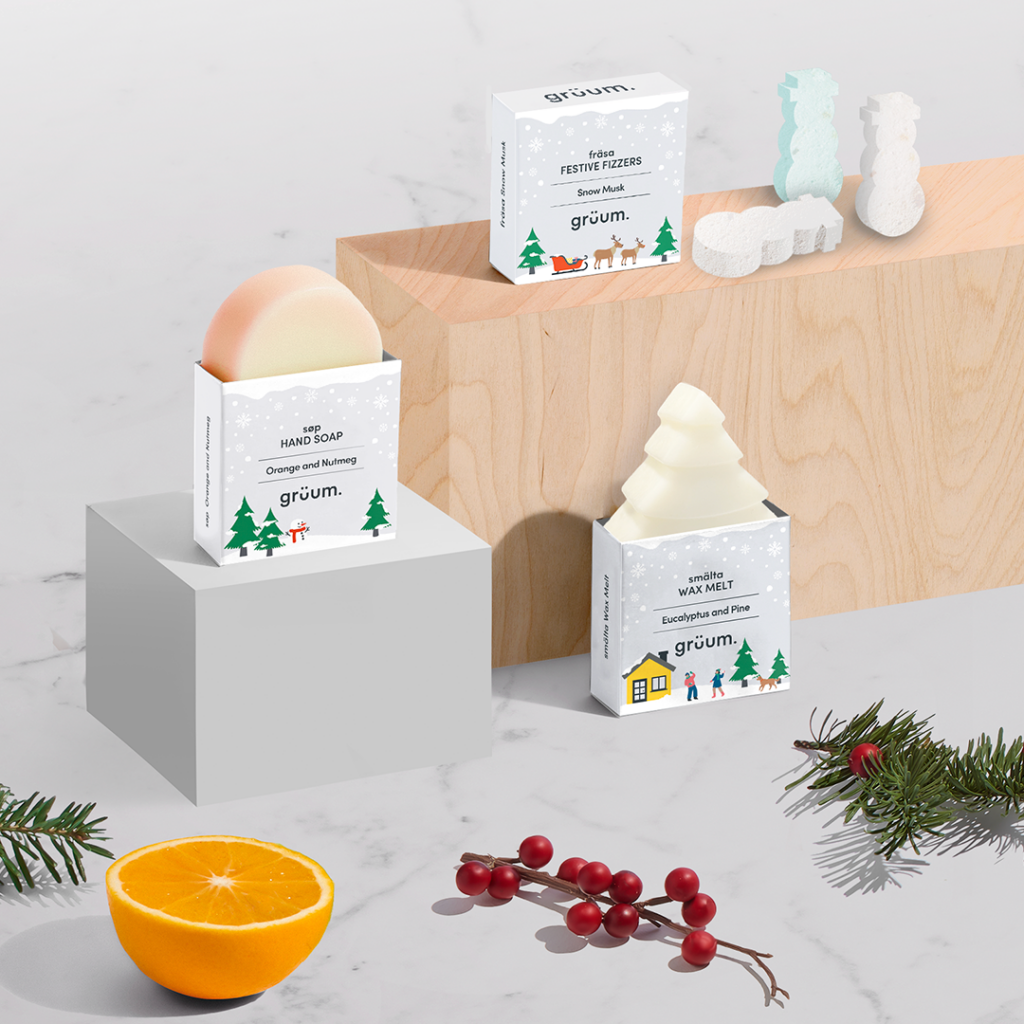 Holiday-themed bath products on display.