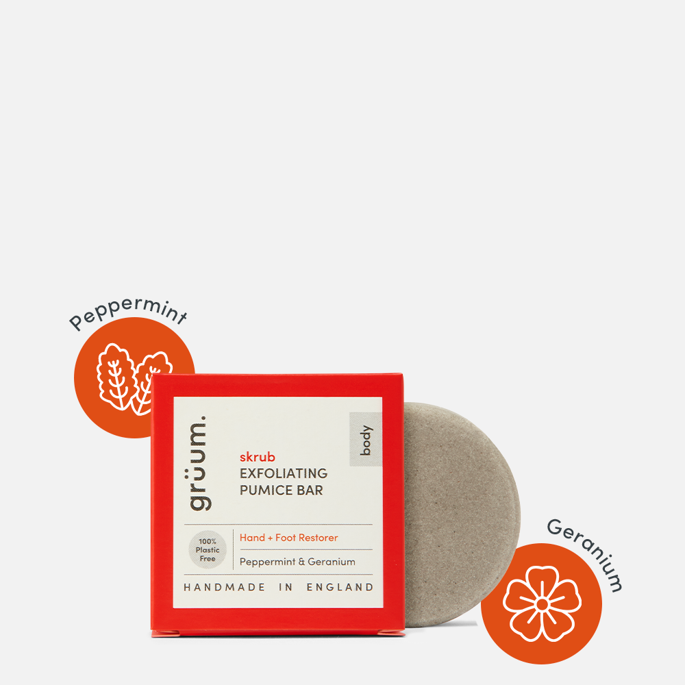 Exfoliating pumice bar with peppermint and geranium.