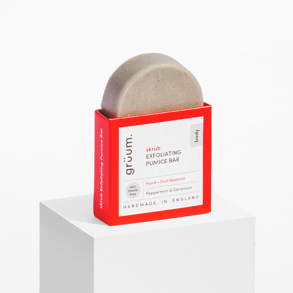 Exfoliating pumice bar in red box.
