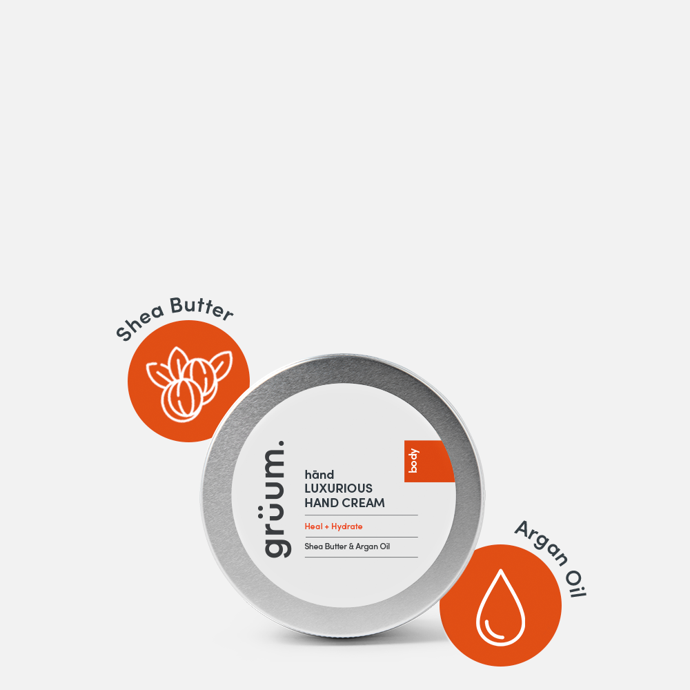 Hand cream tin with ingredients illustrated.