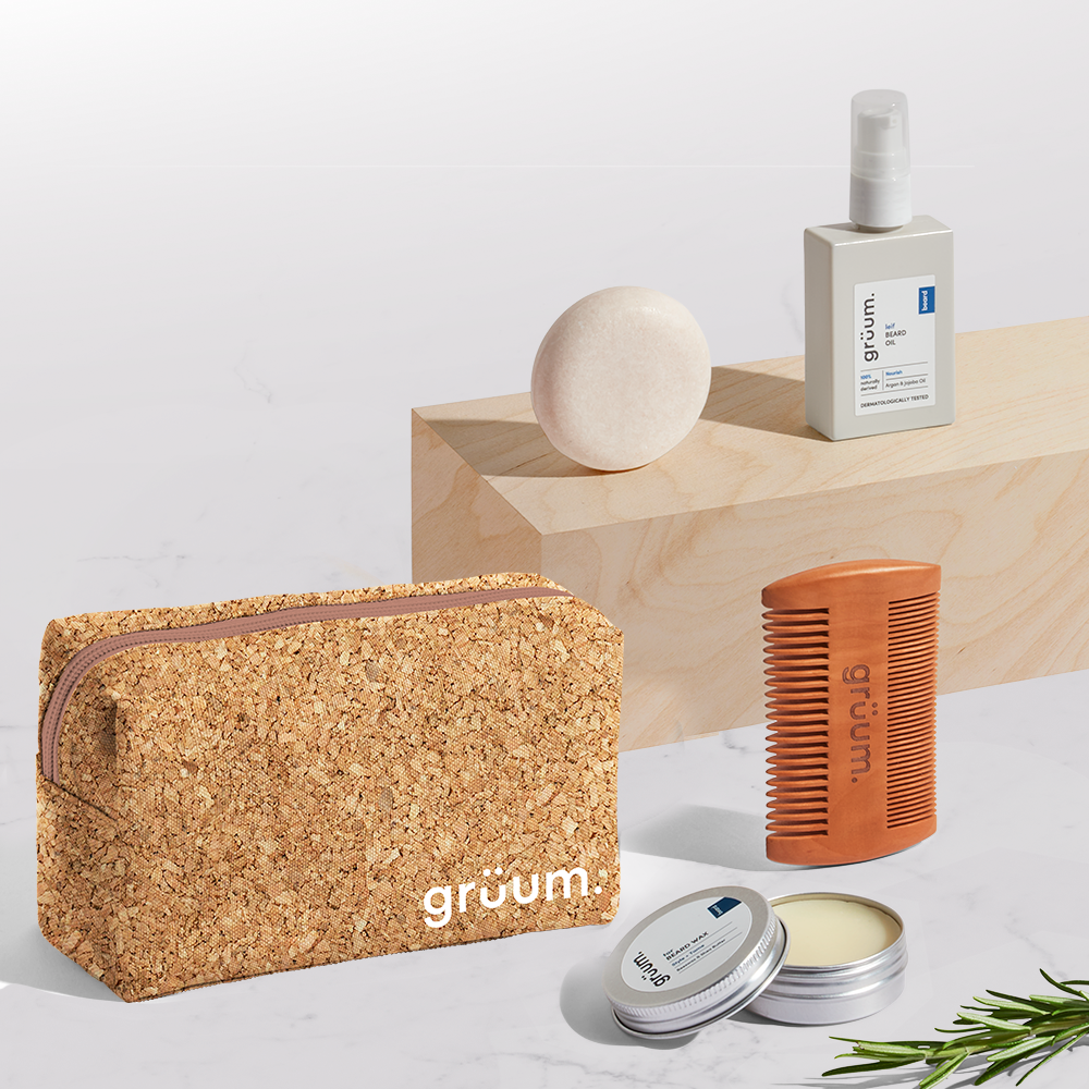 Grooming products on display with pouch.