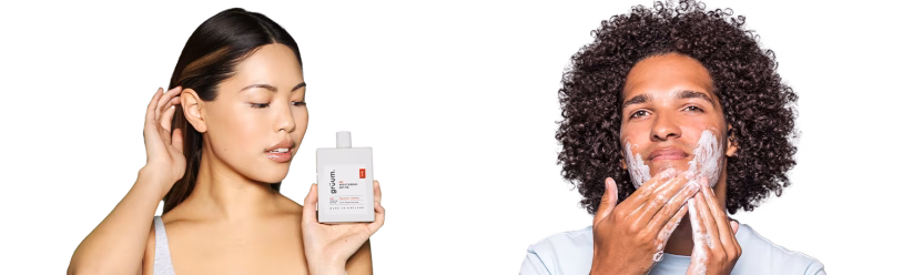 Women with lotion, man washing face