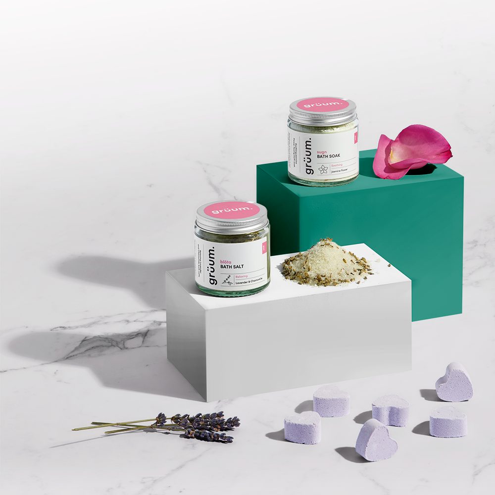 Bath products with lavender and rose petals.