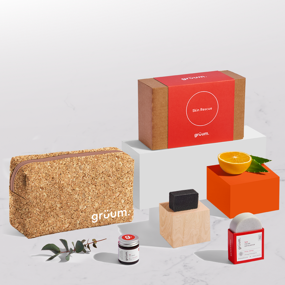 Skin care products and cork bag display.