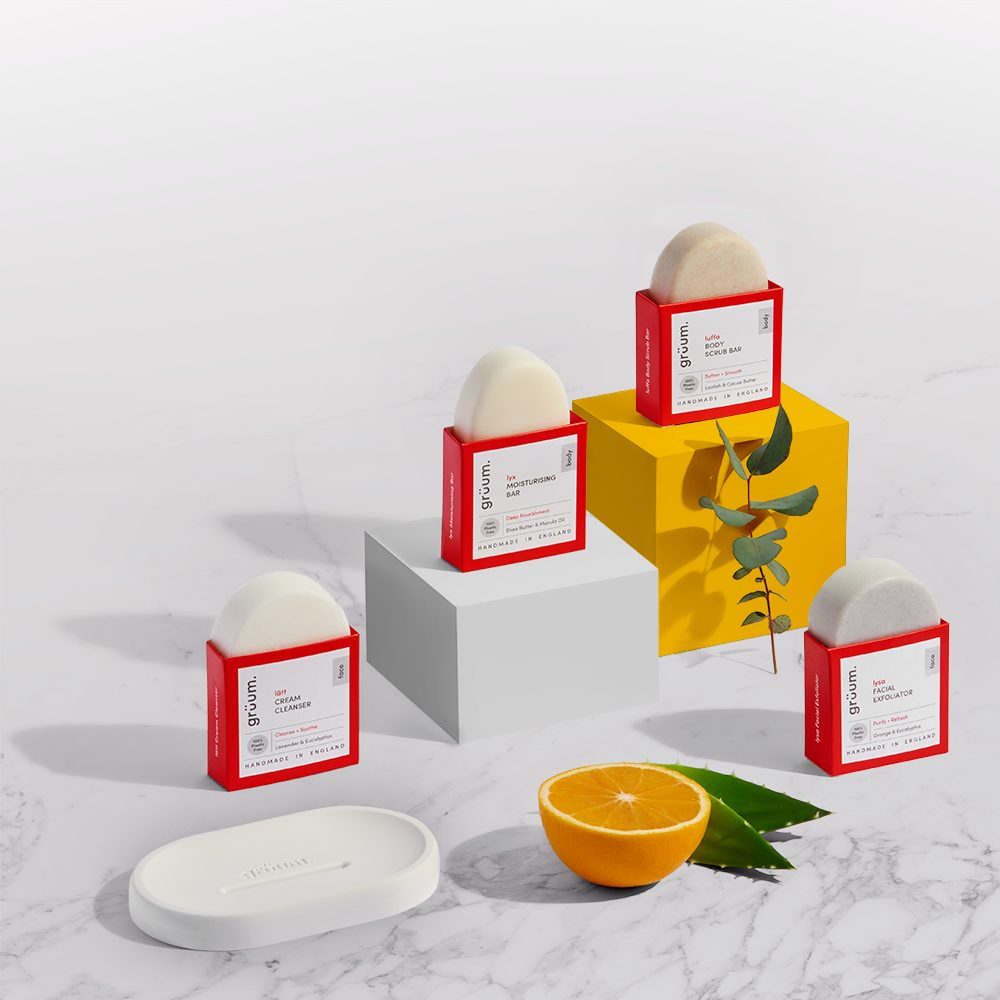 Skincare bars on geometric blocks.