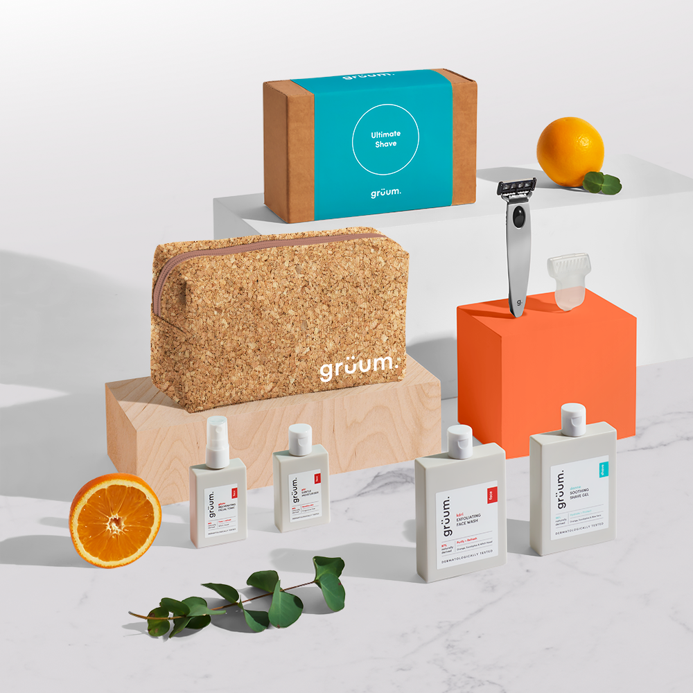 Shaving kit with products and objects displayed