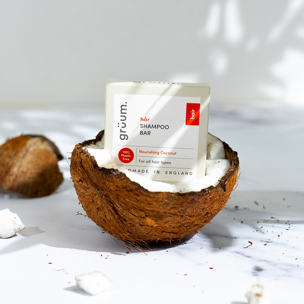 Shampoo bar in coconut shell.