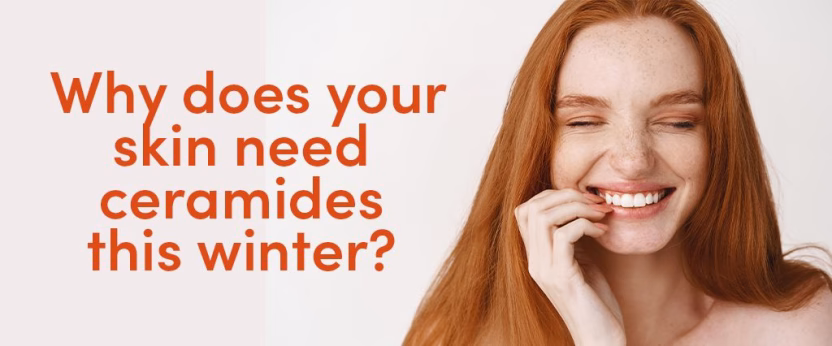 Smiling woman and skin care text