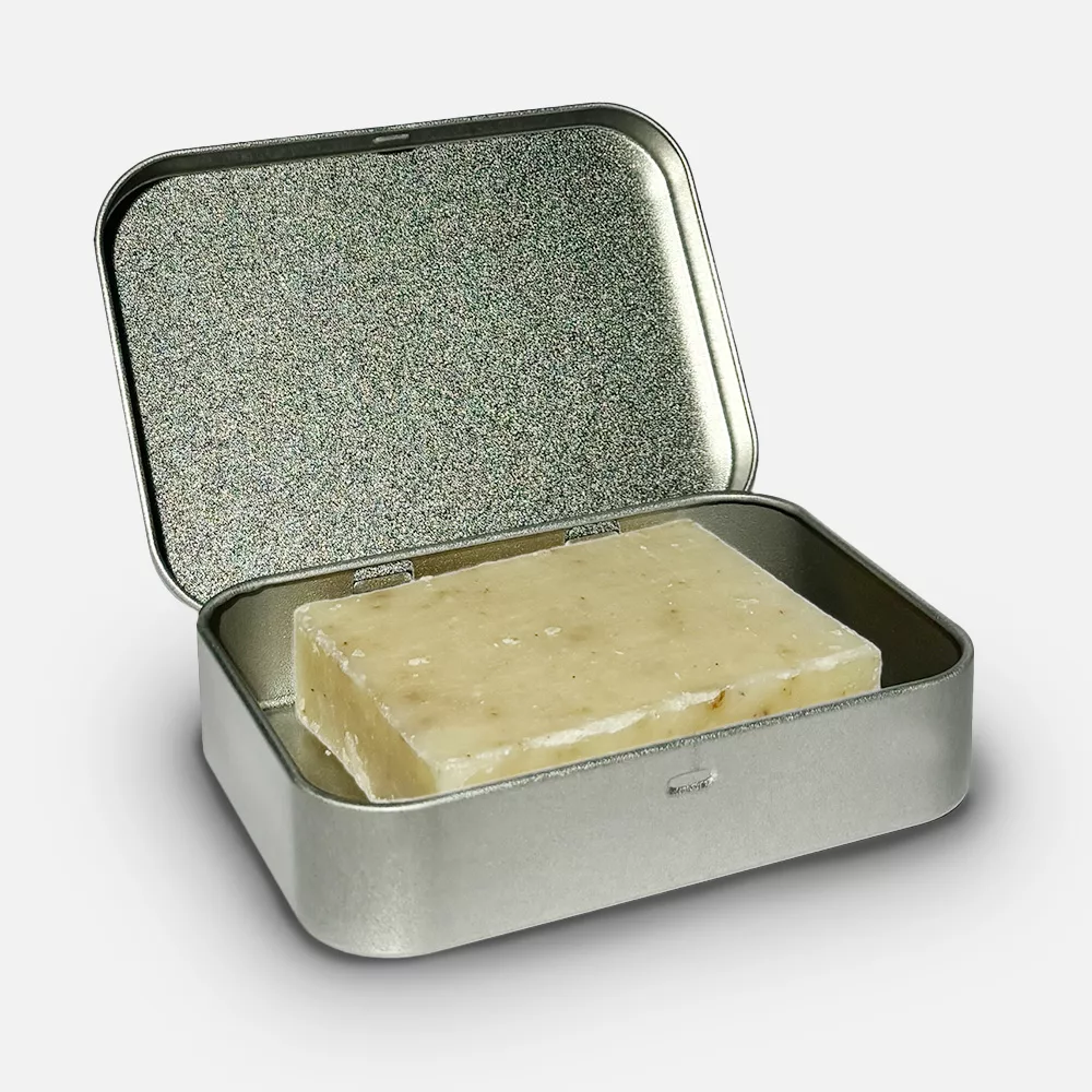 Soap in open metal tin