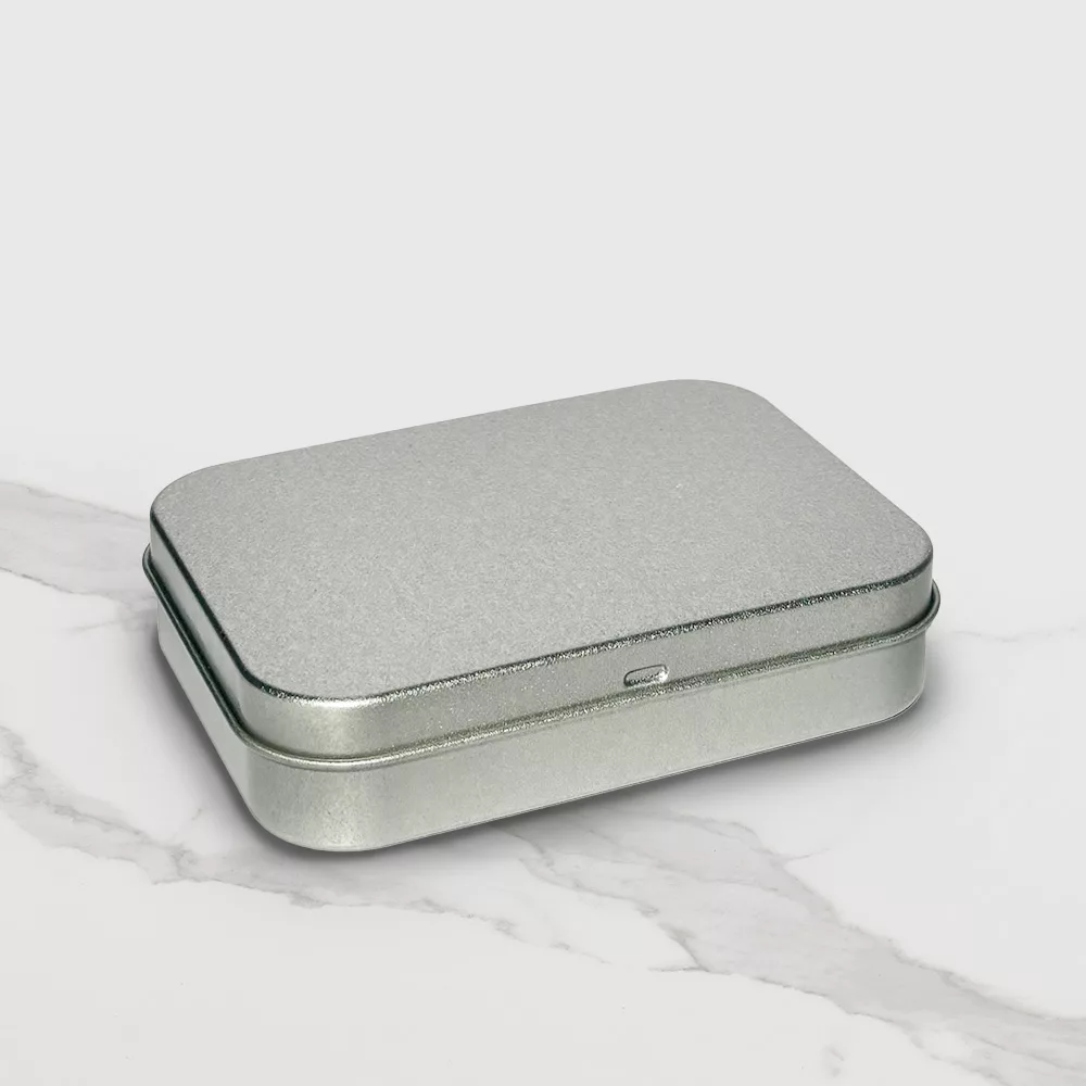 Closed silver metal tin box