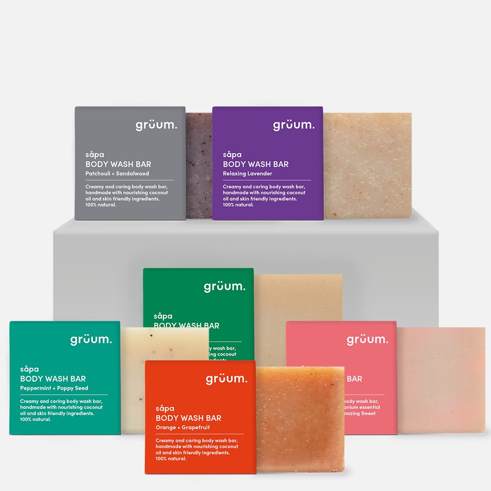 Assorted body wash bars on display.