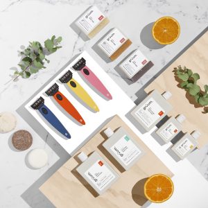 Colorful razors and grooming products displayed