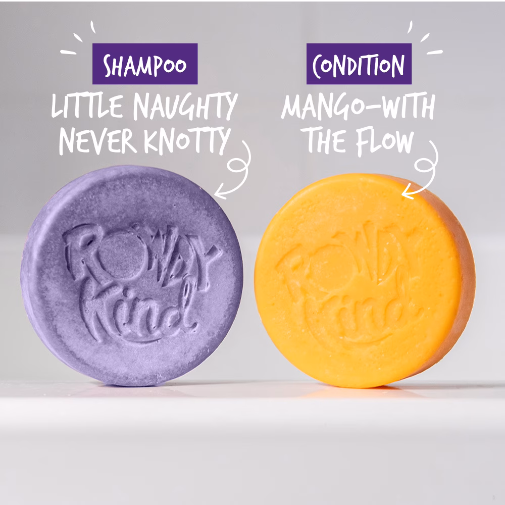 Purple shampoo, orange conditioner bars.