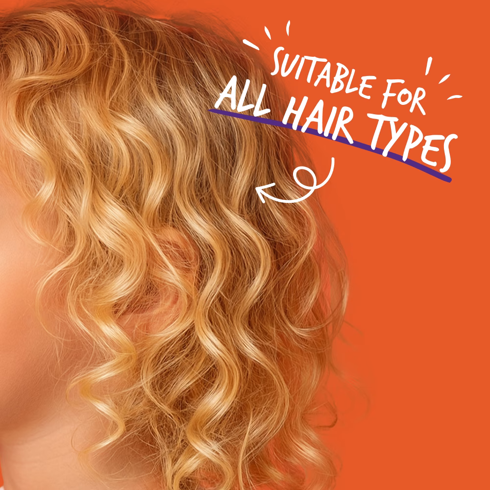 Blonde curly hair, text: suitable for all hair types.