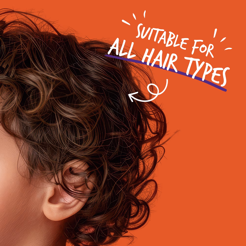 Curly hair with text on orange background.