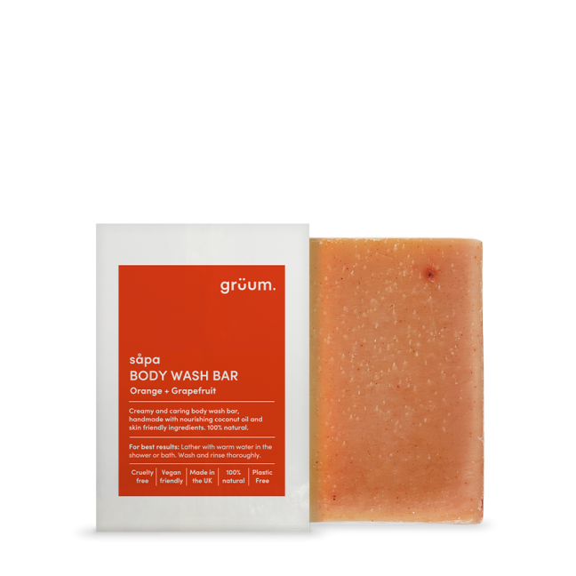 Orange body wash bar and packaging.
