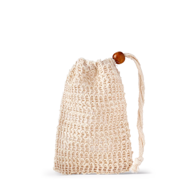 Woven drawstring bag with wooden bead