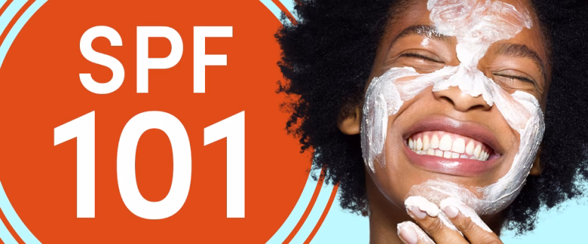 Smiling person applying sunscreen, SPF 101 text.