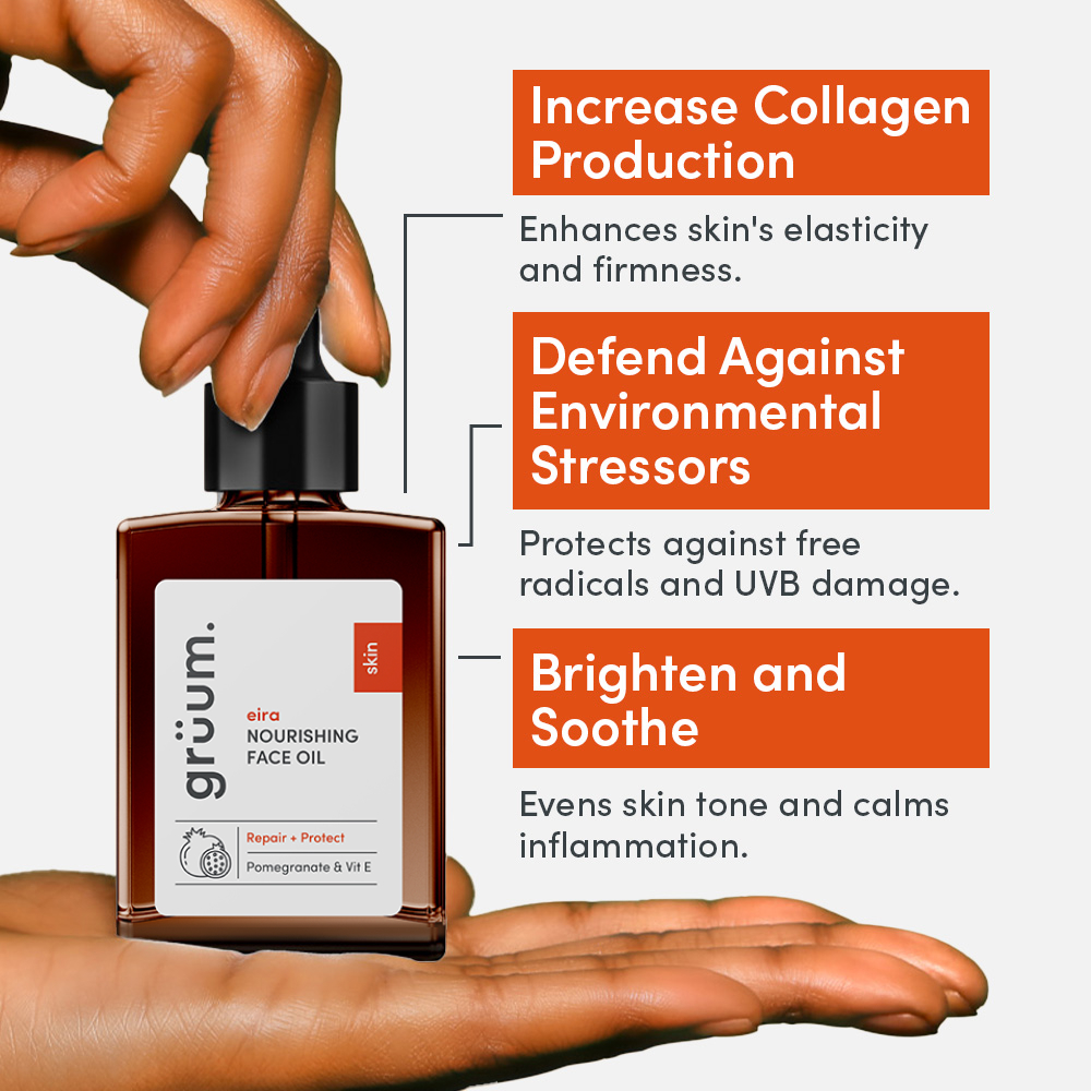 Hand holding face oil bottle with benefits listed.