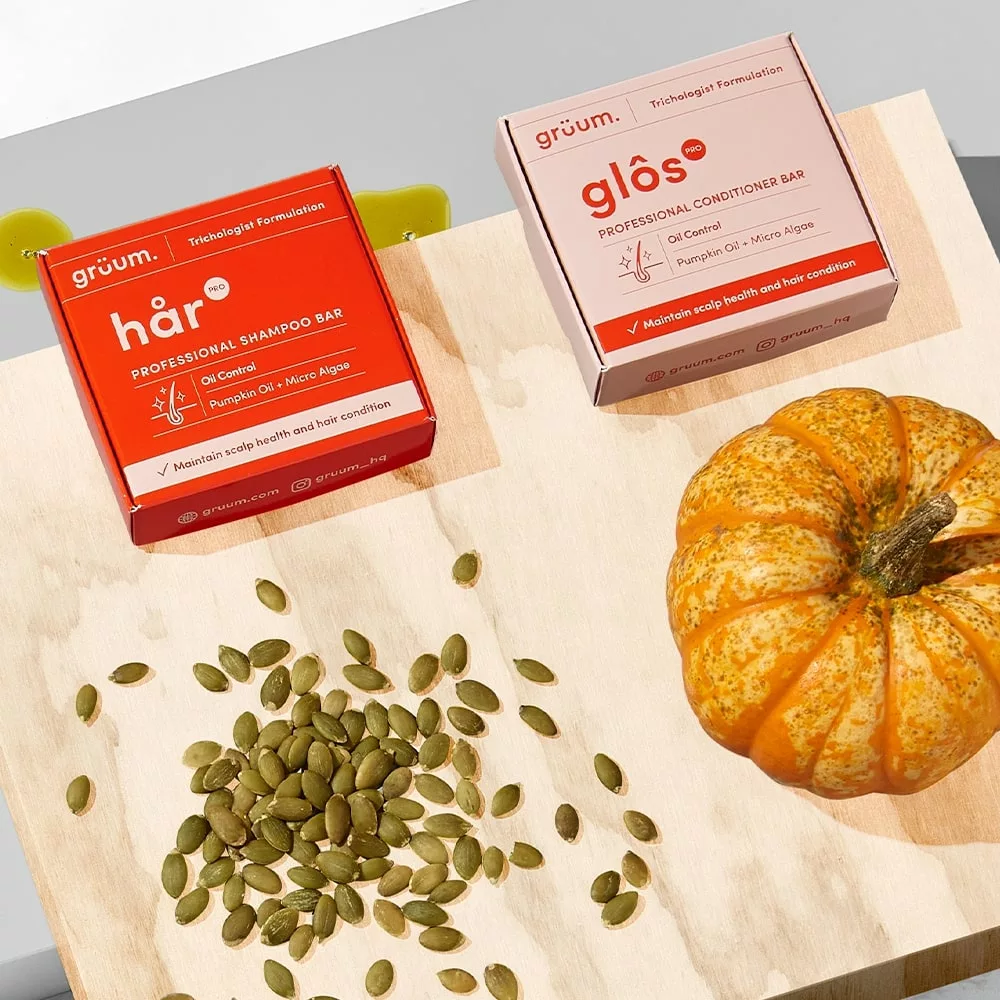 Shampoo and conditioner bars with pumpkin and seeds.