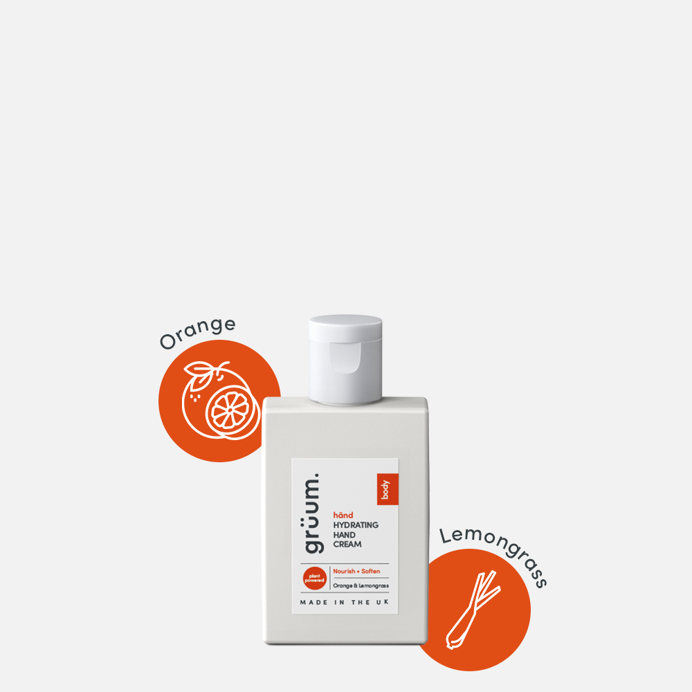 Hand cream with orange and lemongrass icons.