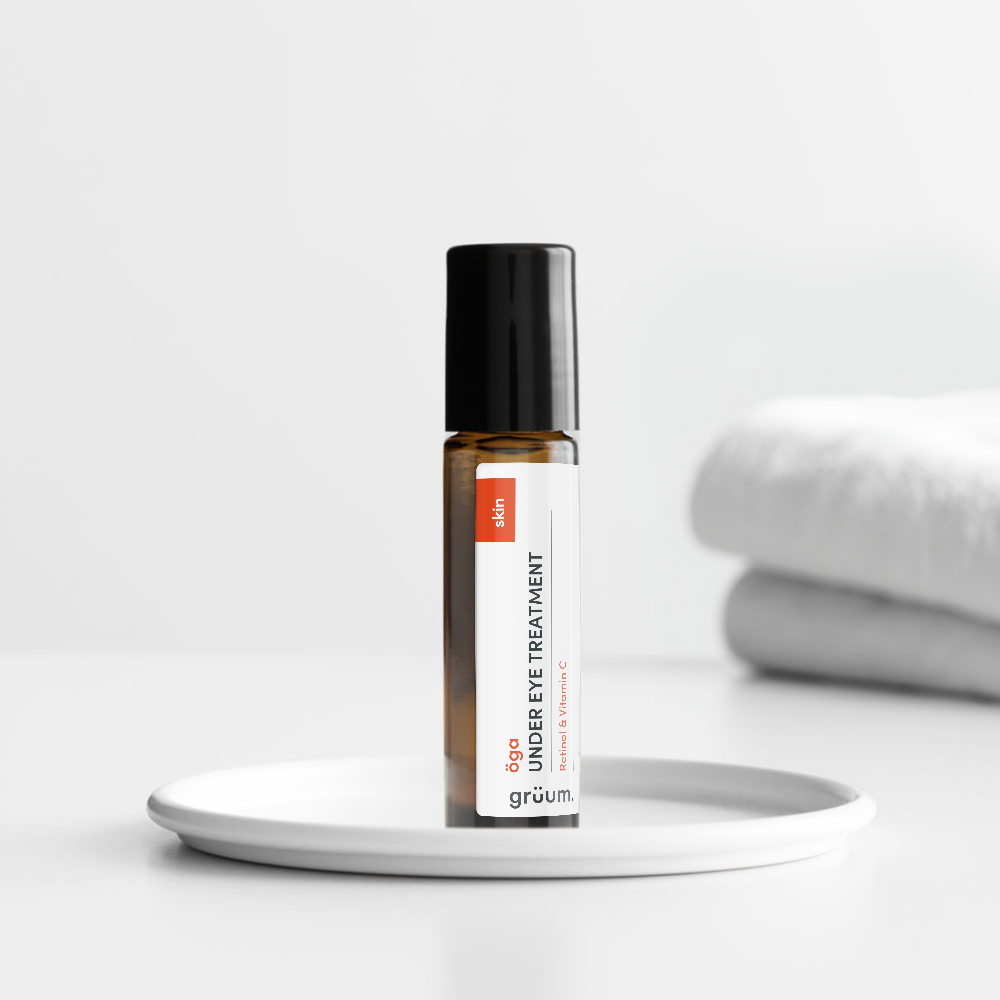 Under eye treatment bottle on tray.