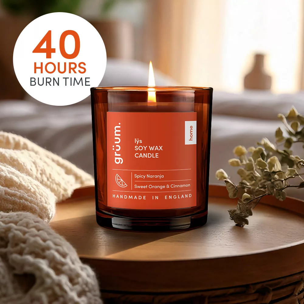 Soy wax candle with 40-hour burn time.