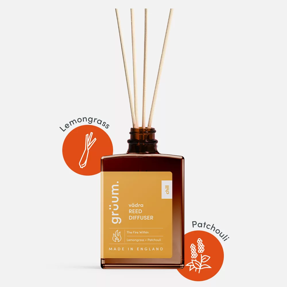 vädra Reed Diffuser Set – The Fire Within variant in eco-friendly packaging with recyclable glass jar and biodegradable rattan reeds.