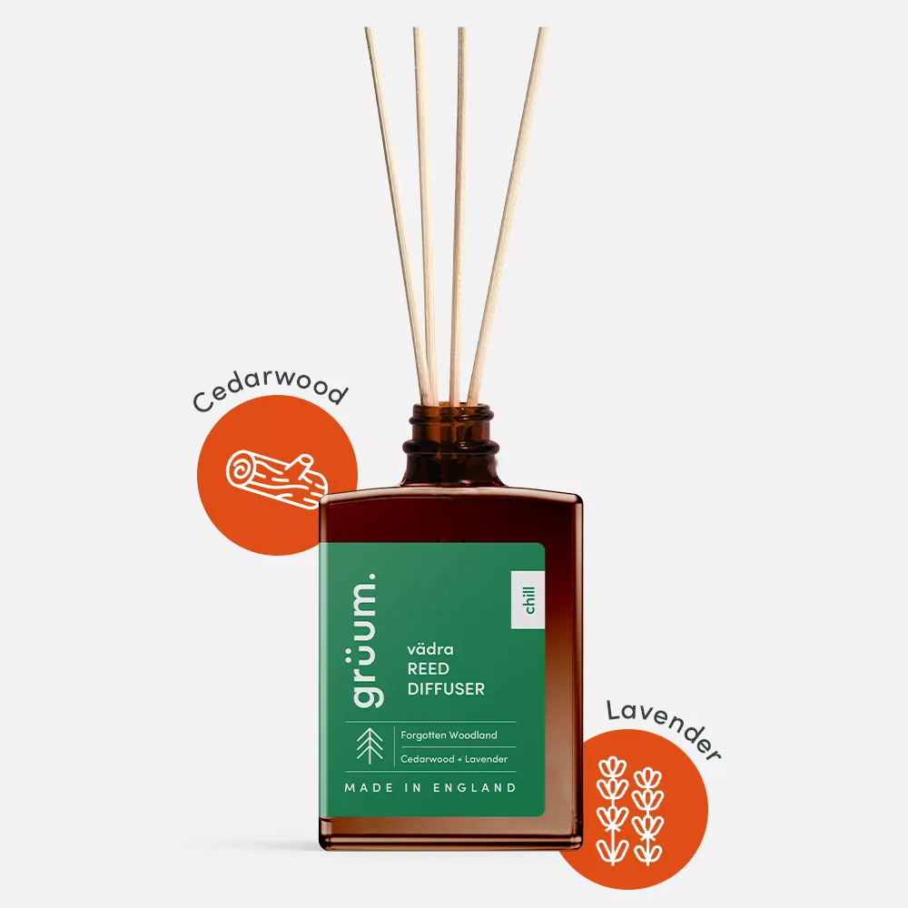 vädra Reed Diffuser Set – Forgotten Woodland variant in eco-friendly packaging with recyclable glass jar and biodegradable rattan reeds.