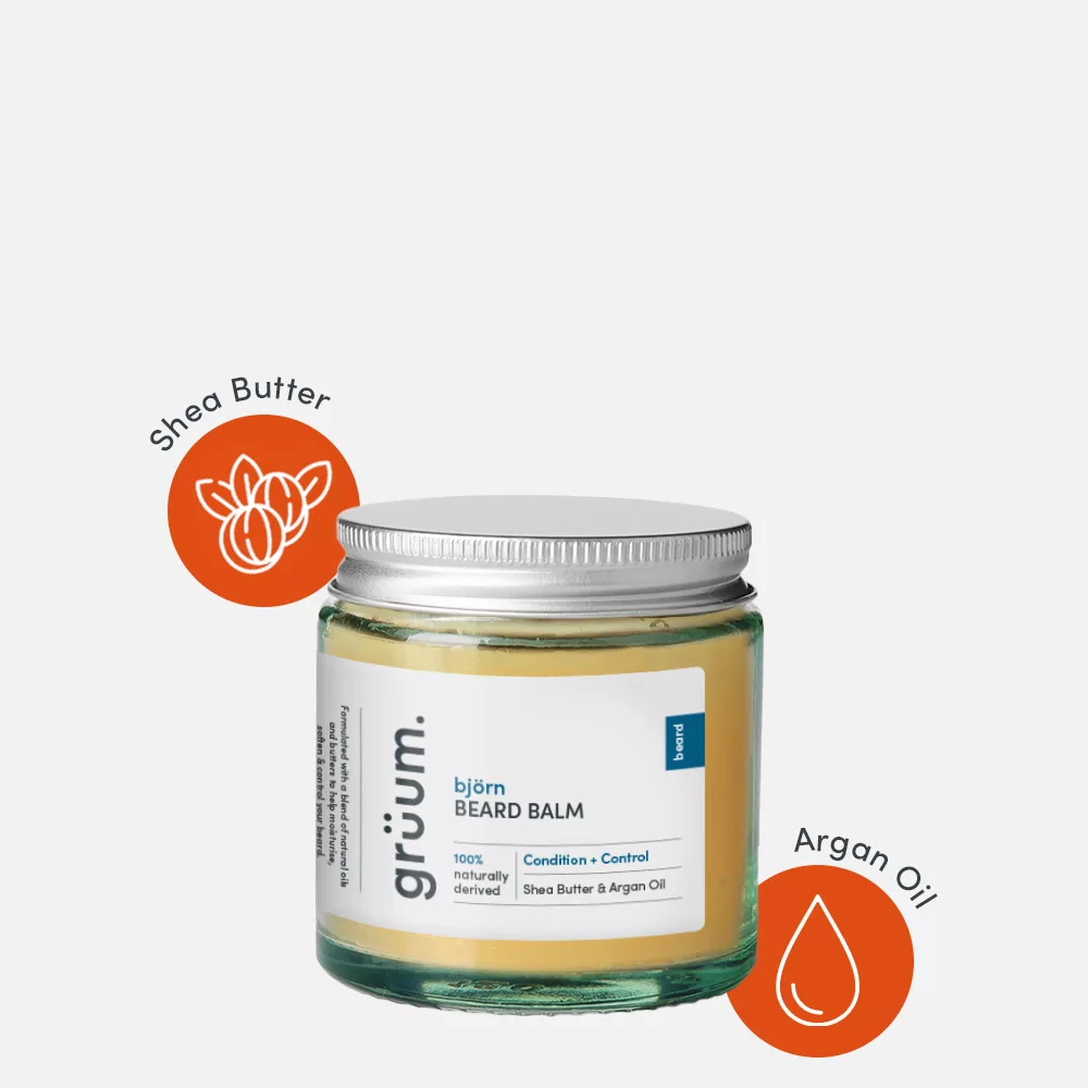 Beard balm jar with ingredients icons.