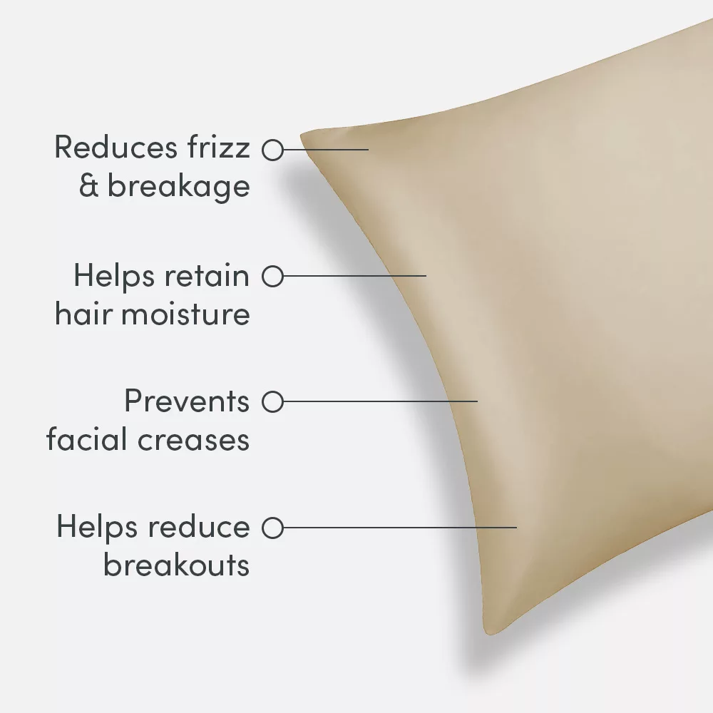 Beige pillow with hair and skin benefits.
