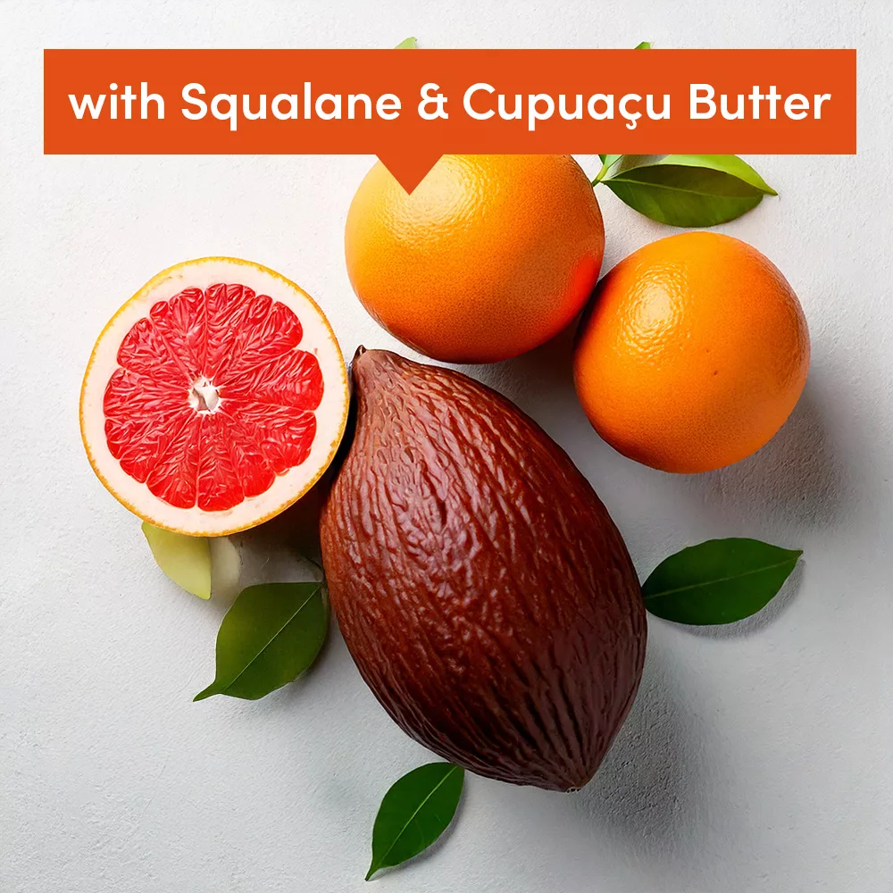 Fruits with squalane and cupuaçu butter text.