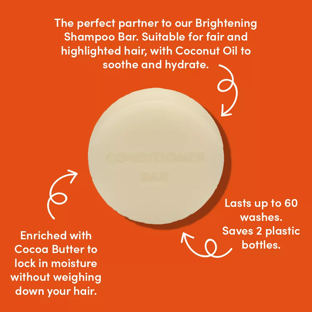 Conditioner bar on orange background with text.
