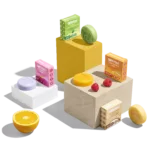 Hair care bars, boxes, and fruit display.